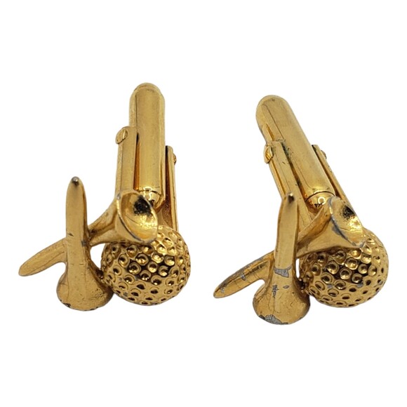 Vintage Cufflinks Gold Tone Golf Ball and Tee Cuff Links - Picture 1 of 5